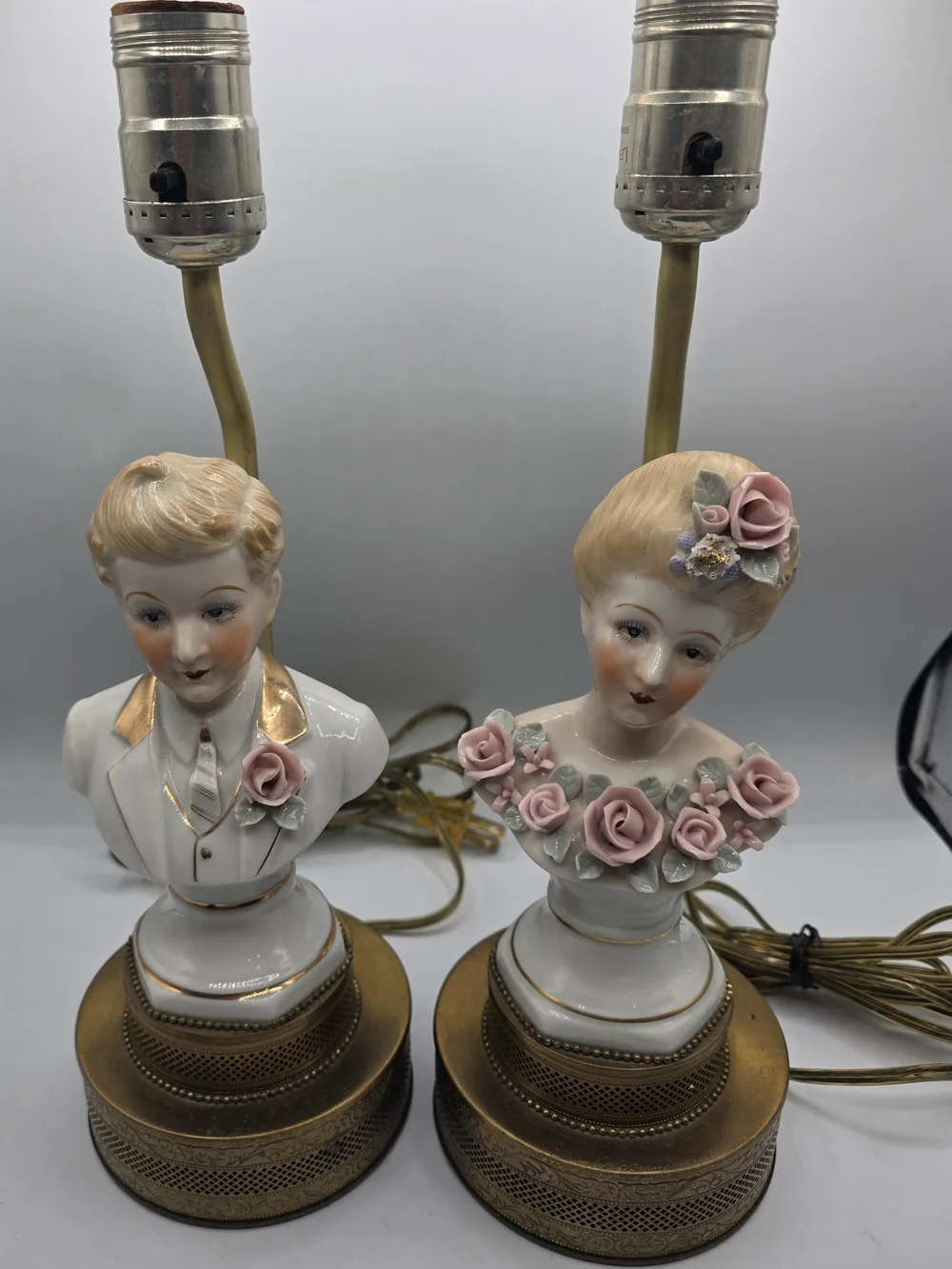 Vintage Porcelain Figural Bust Lamps with Pink Rose Accents